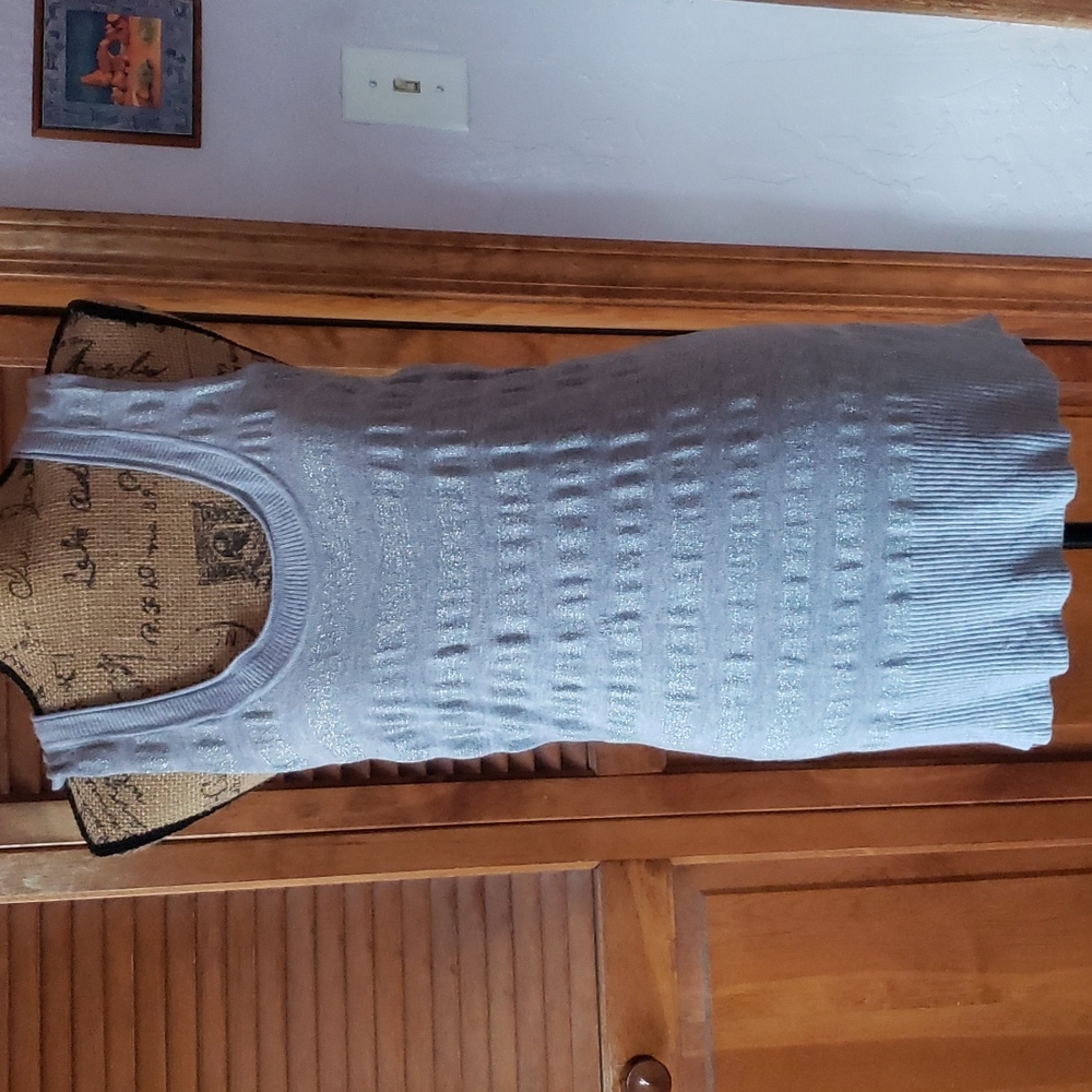 Long grey sleeveless lightweight sweater with silver threads size XL